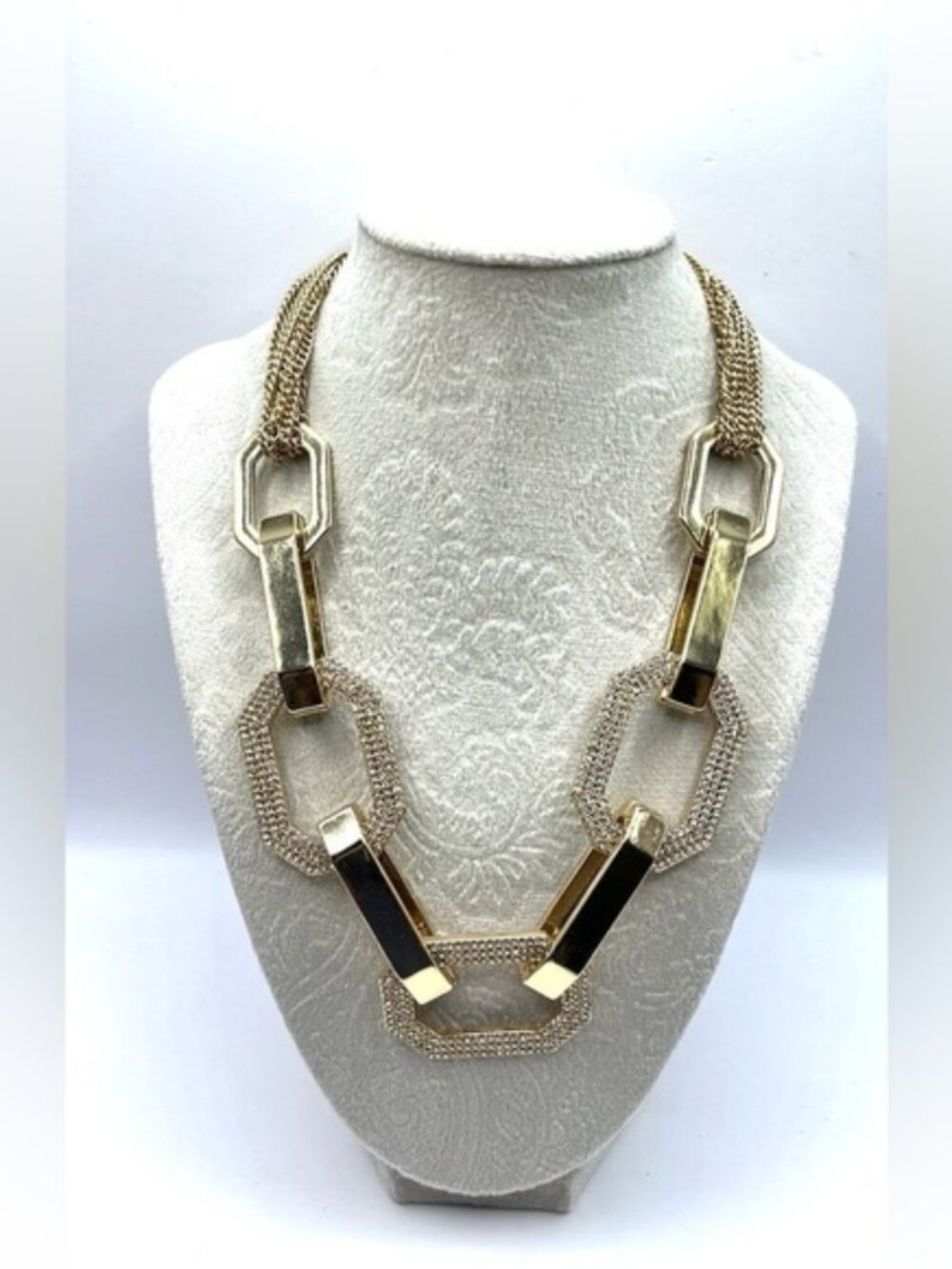 Oversized Gold Chunky Toggle Statement Necklace Rhinestones Geometric Sparkle